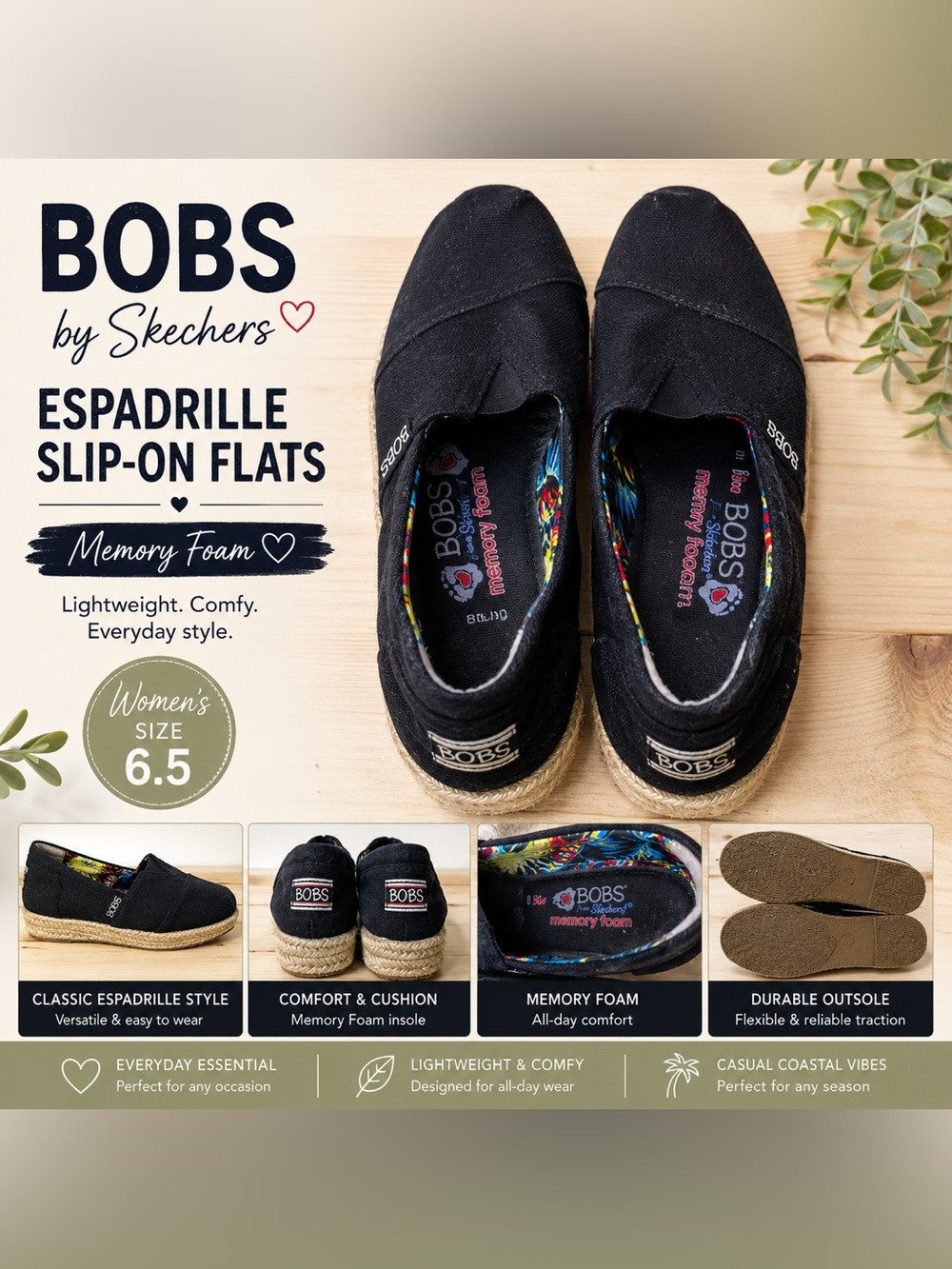 BOBS by Skechers Black Espadrille Slip-On Flats 6.5